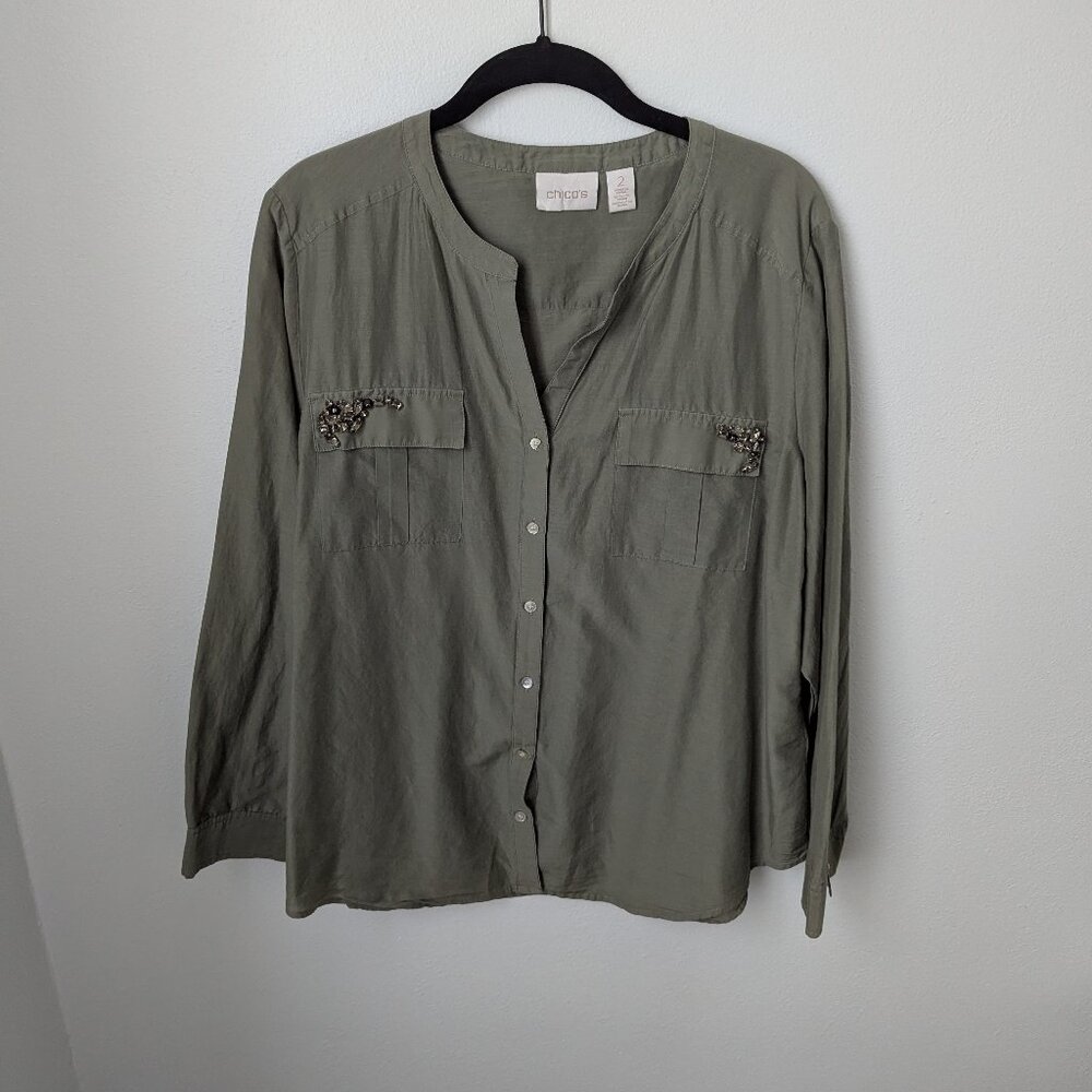 Chico's Green Long Sleeve Button Up With Gem Accented Pockets, 2 (Large, 12)